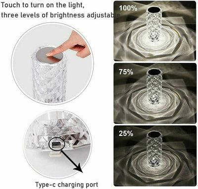 LED Crystal Table Lamp Diamond Rose Night Light Touch Atmosphere & Remote Control