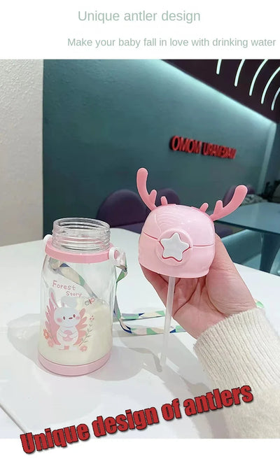 Lovely Antler Kids Water Sippy Cup Creative Cartoon Baby Cups with Straws Leakproof Water Bottles Outdoor Childrens Cup BPA Free