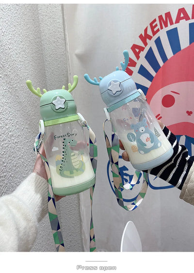 Lovely Antler Kids Water Sippy Cup Creative Cartoon Baby Cups with Straws Leakproof Water Bottles Outdoor Childrens Cup BPA Free