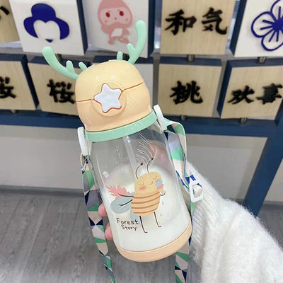 Lovely Antler Kids Water Sippy Cup Creative Cartoon Baby Cups with Straws Leakproof Water Bottles Outdoor Childrens Cup BPA Free