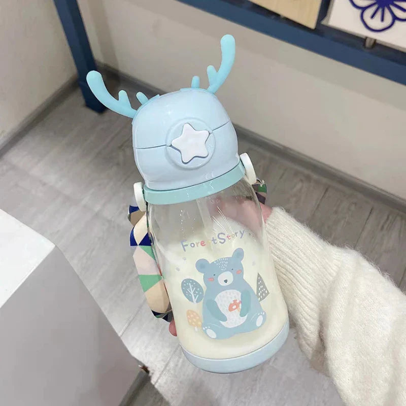 Lovely Antler Kids Water Sippy Cup Creative Cartoon Baby Cups with Straws Leakproof Water Bottles Outdoor Childrens Cup BPA Free