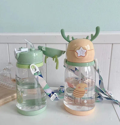 Lovely Antler Kids Water Sippy Cup Creative Cartoon Baby Cups with Straws Leakproof Water Bottles Outdoor Childrens Cup BPA Free