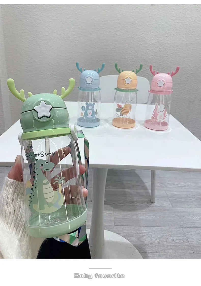 Lovely Antler Kids Water Sippy Cup Creative Cartoon Baby Cups with Straws Leakproof Water Bottles Outdoor Childrens Cup BPA Free