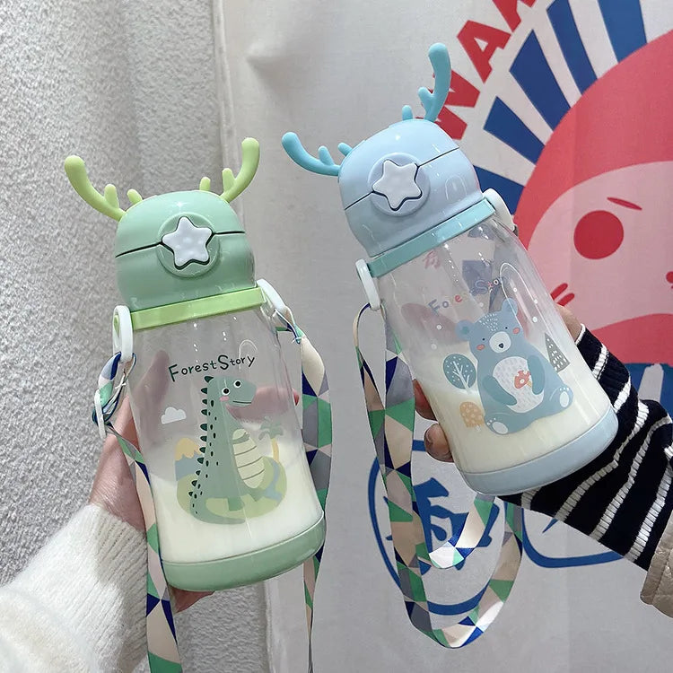 Lovely Antler Kids Water Sippy Cup Creative Cartoon Baby Cups with Straws Leakproof Water Bottles Outdoor Childrens Cup BPA Free