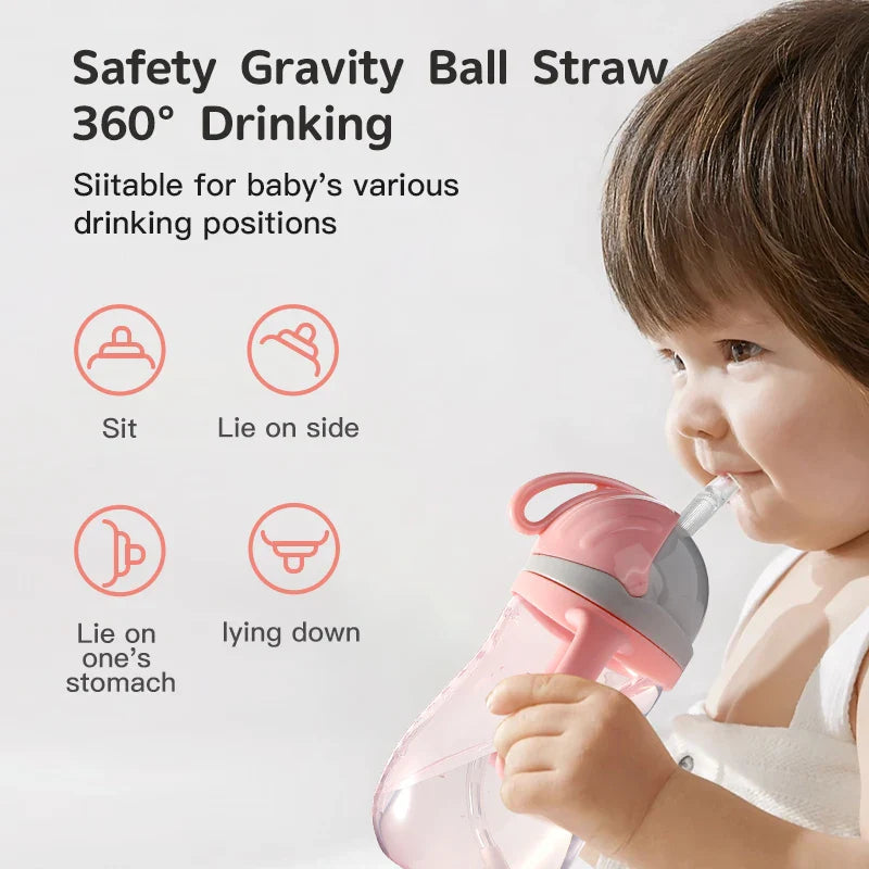 350ml V Shape Straw Sippy Cup Infant Baby Slide Lid Training Drinking Water Bottle Cups Cartoon Style Pattern Design