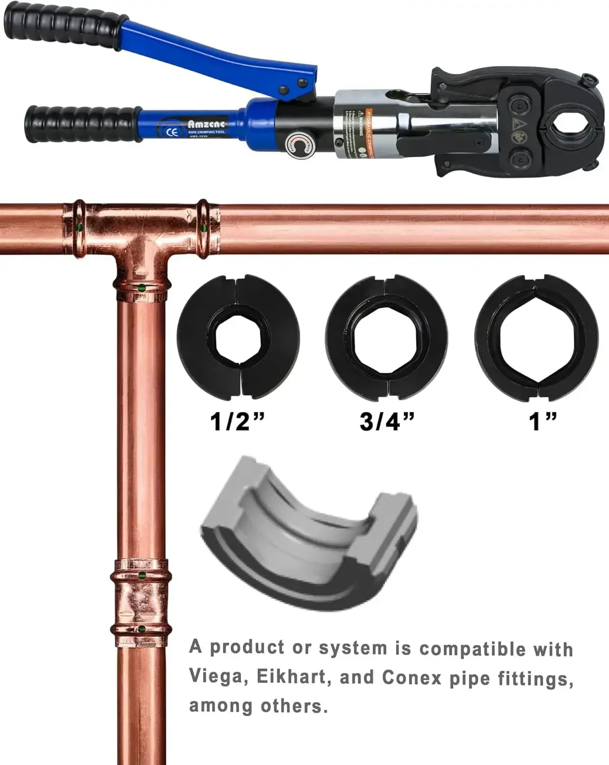 Copper Tube Fittings Pipe Crimping Tool with 1/2 inch 3/4 inch and 1 inch Jaw Copper Pipe Press Crimpers Pressing Pliers