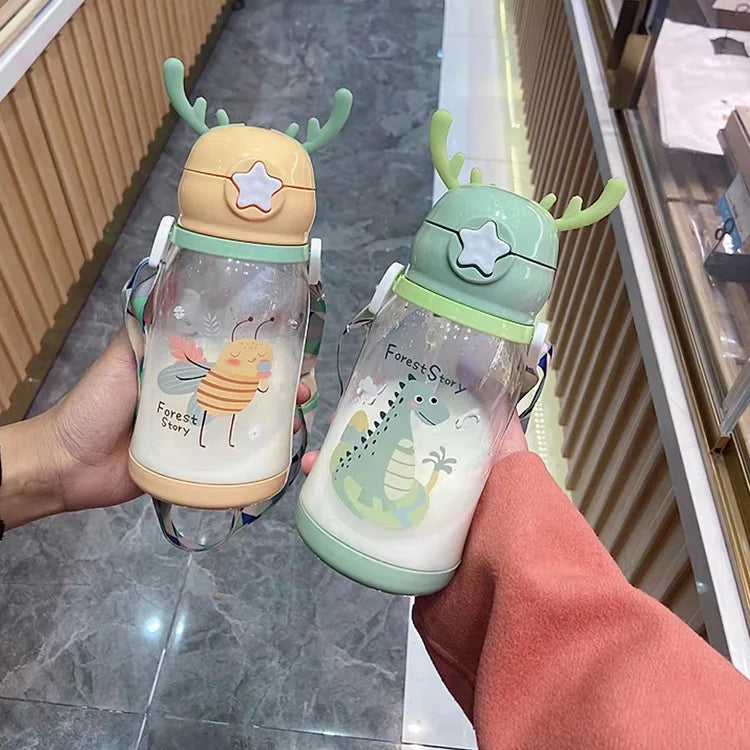 Lovely Antler Kids Water Sippy Cup Creative Cartoon Baby Cups with Straws Leakproof Water Bottles Outdoor Childrens Cup BPA Free