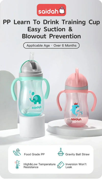 350ml V Shape Straw Sippy Cup Infant Baby Slide Lid Training Drinking Water Bottle Cups Cartoon Style Pattern Design