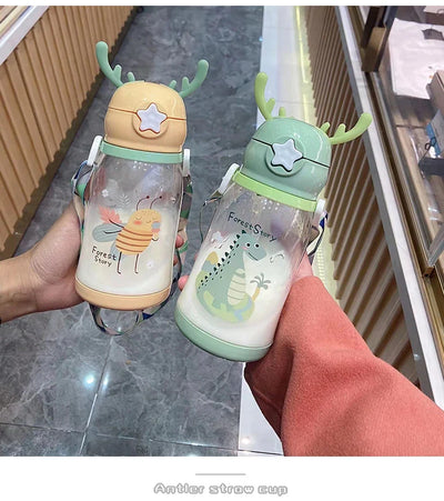 Lovely Antler Kids Water Sippy Cup Creative Cartoon Baby Cups with Straws Leakproof Water Bottles Outdoor Childrens Cup BPA Free