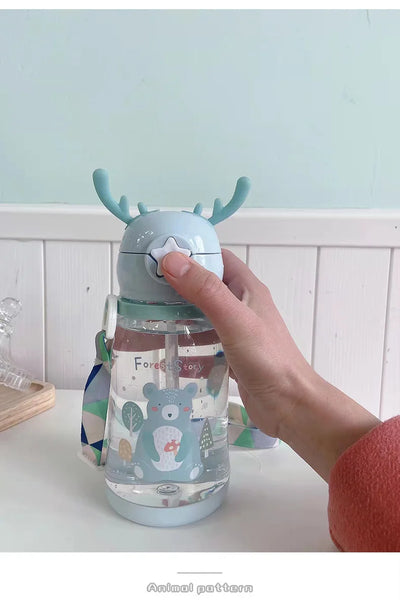 Lovely Antler Kids Water Sippy Cup Creative Cartoon Baby Cups with Straws Leakproof Water Bottles Outdoor Childrens Cup BPA Free