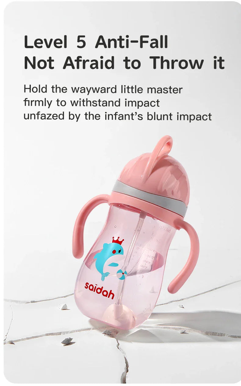 350ml V Shape Straw Sippy Cup Infant Baby Slide Lid Training Drinking Water Bottle Cups Cartoon Style Pattern Design